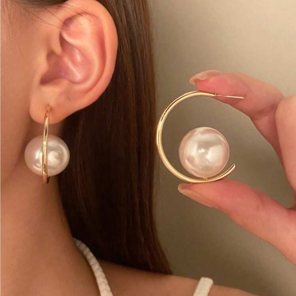 Gold and Faux Pearl Hoop Earrings